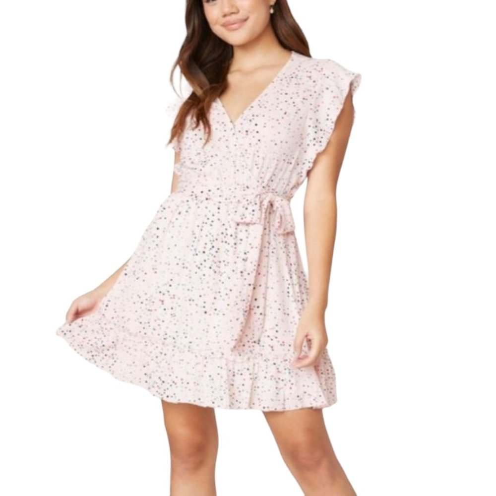 - Jack by BB Dakota Women's Funfetti Printed Pink Rosewater Wrap Dress Sz M